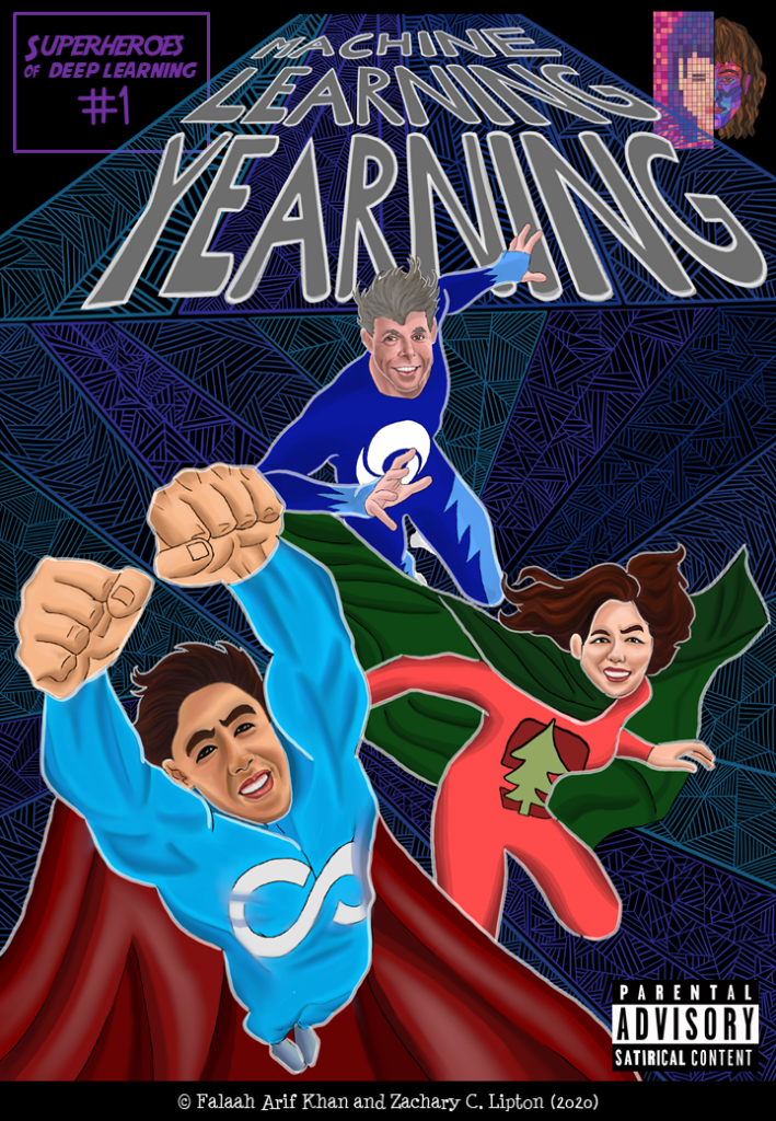 David silver, Andrew ng and Fei Fei li in their superhero form as Q-Silver, MOOC and Benchmark, respectively. Q-Silver is in the middle and is lunging towards the screen. MOOC is to the left and is jumping up into the screen with his arms outstretched and muscles in full display. Benchmark is lunging in cat-like positive to the right. Machine Learning Yearning is written above them.